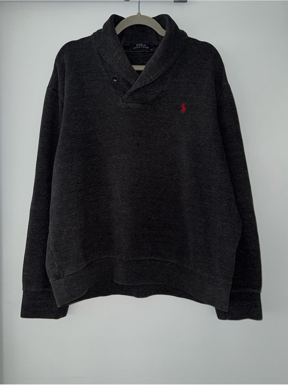Polo by Ralph Lauren Charcoal Shawl Collar Sweater with Red Pony Elbow Patches